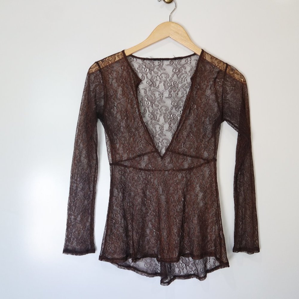 Dolls Kill Grunge Vintage Deep V Lace See Through Blouse